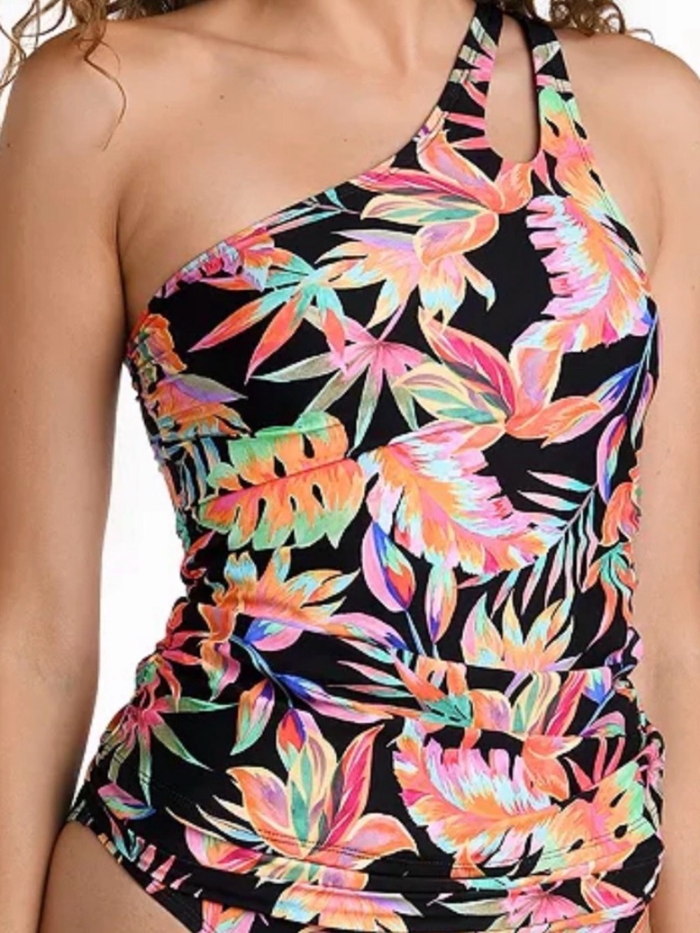 La Blanca One-Shoulder Floral Tankini Top - Black with Neon Multi